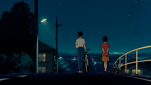 Anime Couple Standing Under Night Sky Overlooking City Lights 4K Wallpaper