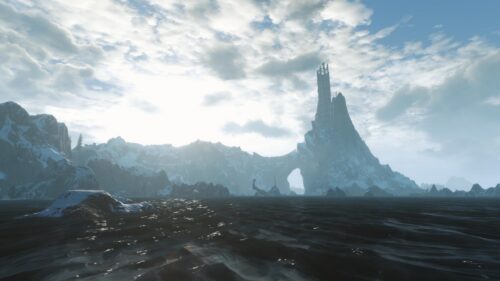 Stunning Fantasy Landscape Featuring a Towering Spire and Natural Stone Arch 4K Wallpaper