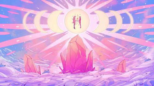 Anime Lovers Floating Under Lunar Phases and Pink Crystals 4K Desktop Wallpaper