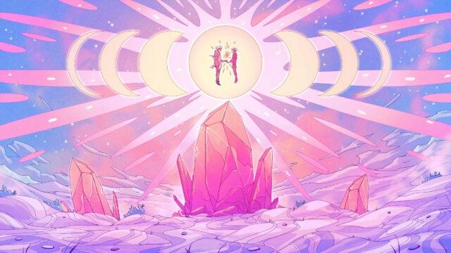Anime Lovers Floating Under Lunar Phases and Pink Crystals 4K Desktop Wallpaper