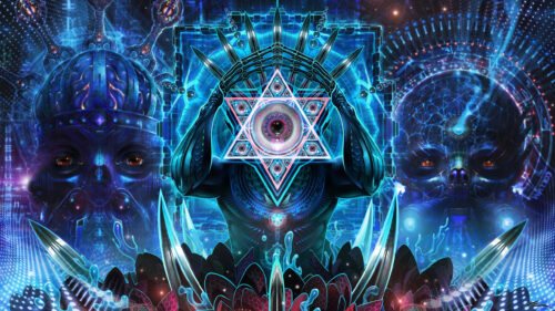 Abstract Sci-Fi Cosmic Entity with Sacred Geometry and Glowing Eyes 4K Desktop Wallpaper
