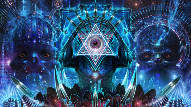 Abstract Sci-Fi Cosmic Entity with Sacred Geometry and Glowing Eyes 4K Desktop Wallpaper