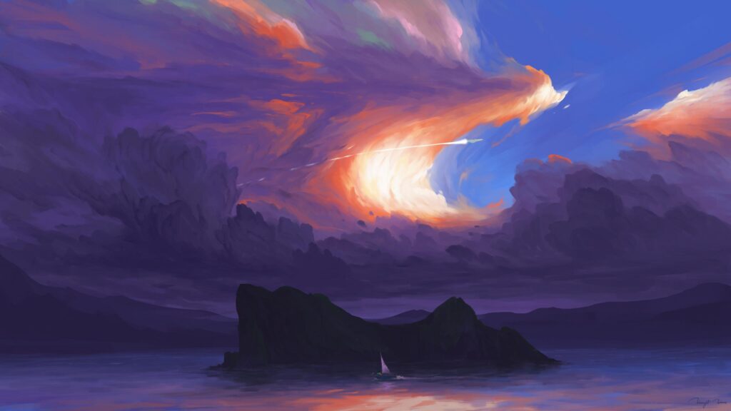 Stunning Sci-Fi Fantasy Horizon with Sailing Boat and Comet Sky 4K Wallpaper