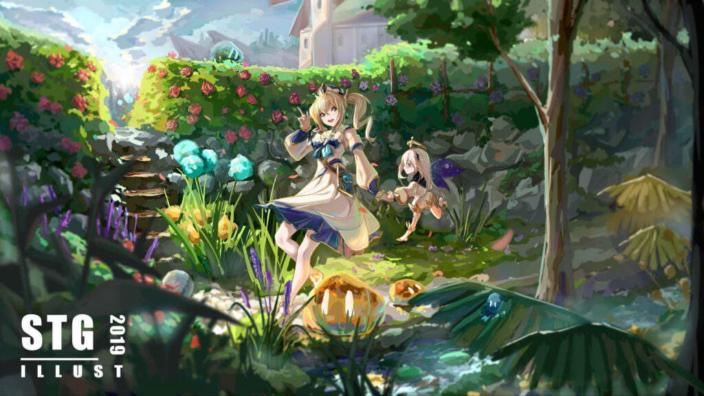 Genshin Impact Barbara and Paimon in a Vibrant Garden Anime Desktop Wallpaper