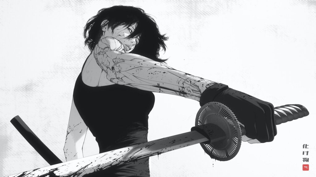 Cybernetic Anime Warrior With Katana Black and White 4K Desktop Wallpaper