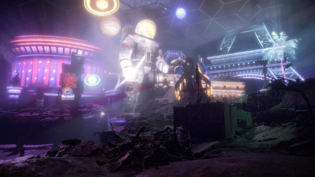 Futuristic Las Vegas Ruined Cityscape with Giant Astronaut PC Wallpaper