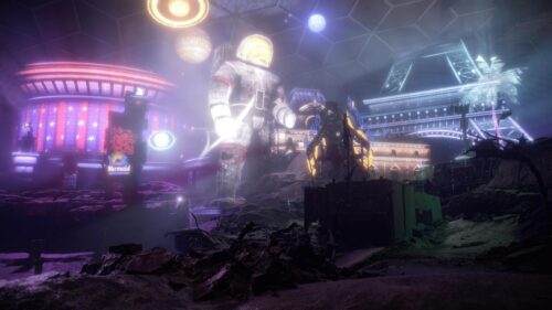 Futuristic Las Vegas Ruined Cityscape with Giant Astronaut PC Wallpaper