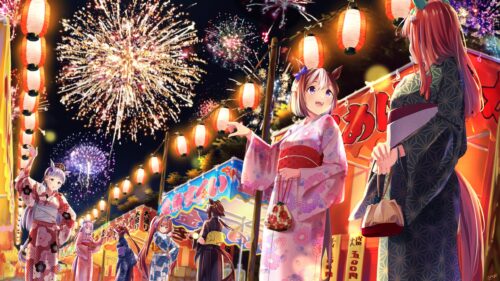 Anime Girls Enjoying Summer Festival Fireworks 4K PC Desktop Wallpaper