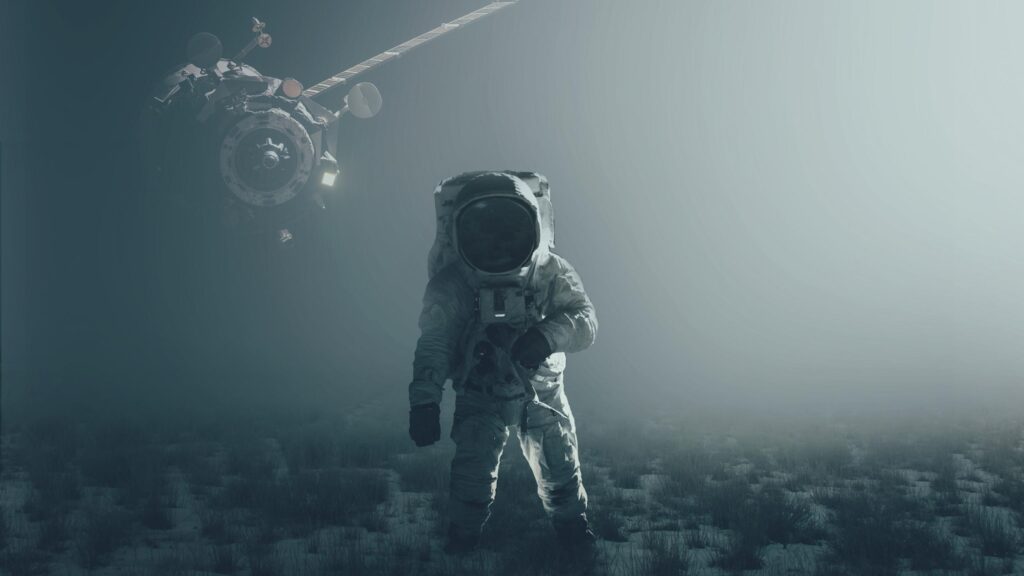 Astronaut Standing in Mysterious Foggy Landscape with Spacecraft 4K Wallpaper