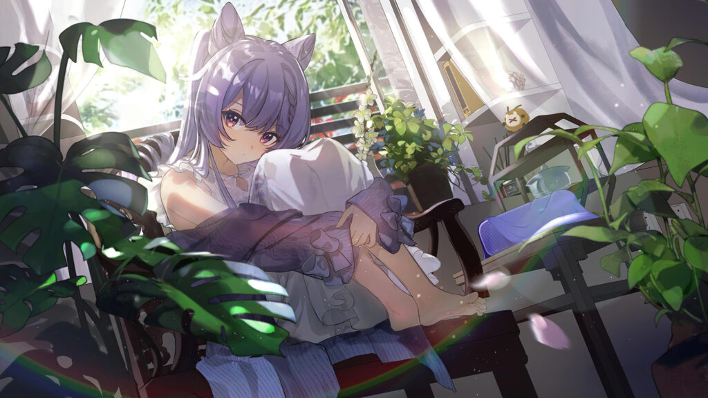Keqing Genshin Impact Anime Girl Relaxing in Sunlight Desktop Wallpaper