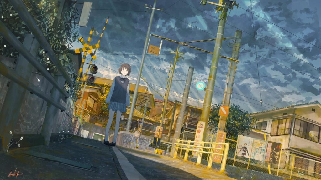 Anime Girl Standing at a Scenic Japanese Railway Crossing 4K Desktop Wallpaper