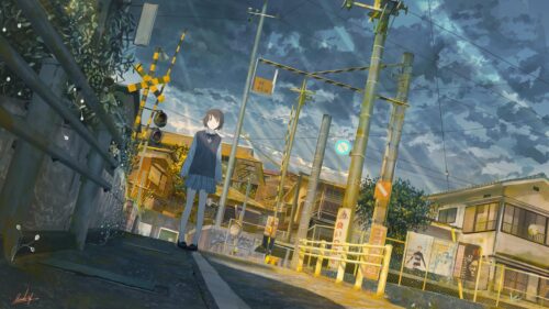 Anime Girl Standing at a Scenic Japanese Railway Crossing 4K Desktop Wallpaper