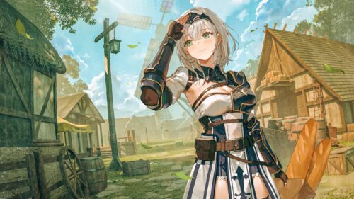 Anime Knight Girl in a Medieval Village Scenic 4K Desktop Wallpaper