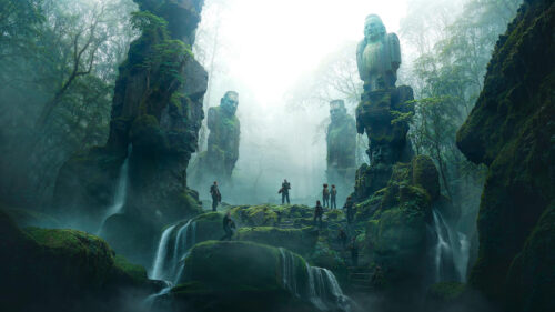 Explorers Amidst Ancient Giant Stone Statues in a Misty Jungle 4K Wallpaper