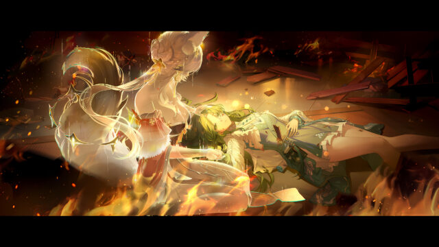 Anime Girls in Burning Ruins Fantasy Art Desktop Wallpaper