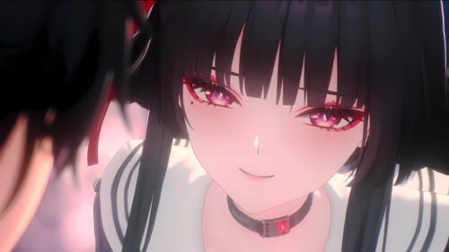 Anime Girl with Intense Gaze and Red Glowing Collar Desktop Wallpaper