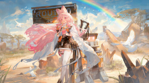 Anime Girl with Pink Hair in Post-Apocalyptic Landscape 4K Desktop Wallpaper