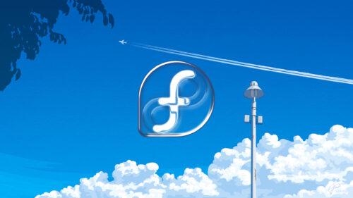 Minimalist Fedora Linux Logo in Blue Sky Anime Style 4K Desktop Wallpaper