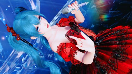 Hatsune Miku in a Red Lace Dress Performing on Stage 4K Wallpaper