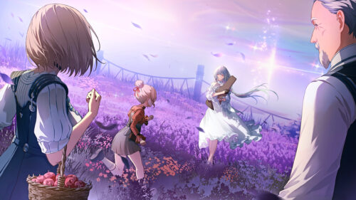 Anime Girls and Old Man in Enchanted Purple Flower Field PC Wallpaper
