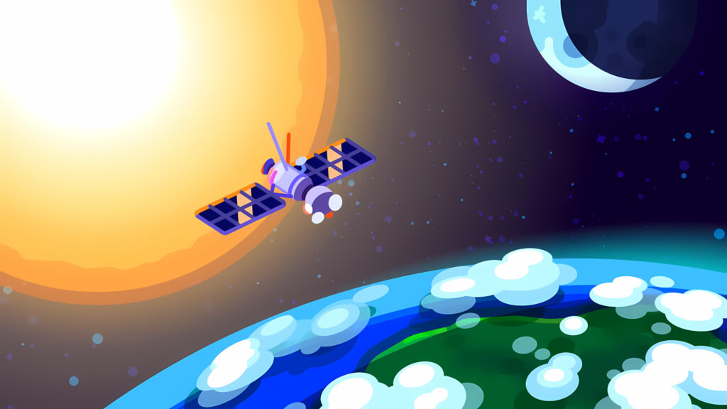 Satellite Orbiting Earth with Sun and Moon Space View Desktop Wallpaper