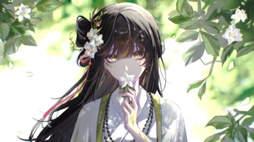 Anime Girl with White Flowers and Enchanting Green Eyes 4K PC Wallpaper