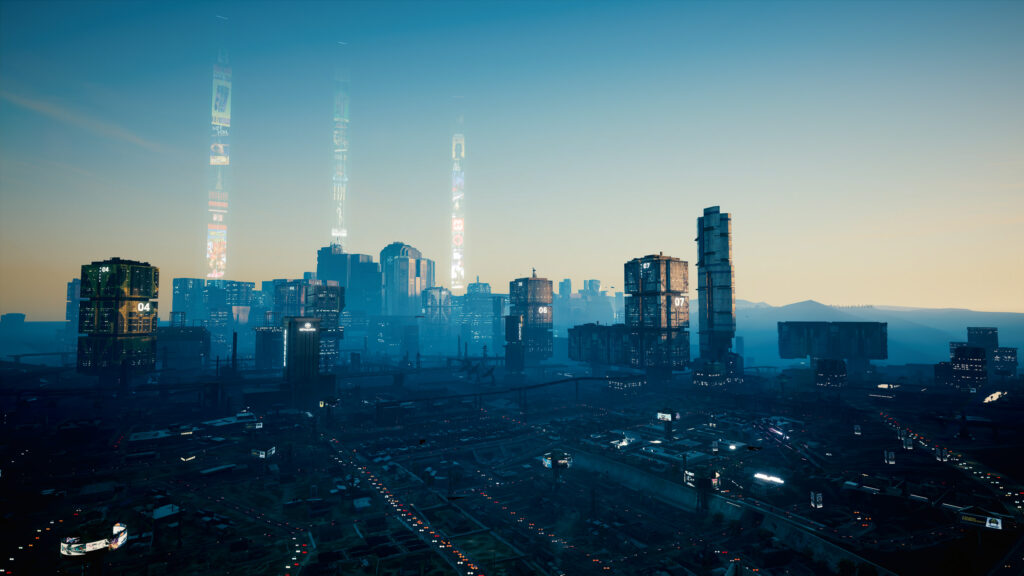 Cyberpunk Cityscape Sunset Skyline Futuristic Urban View 4K Desktop Wallpaper