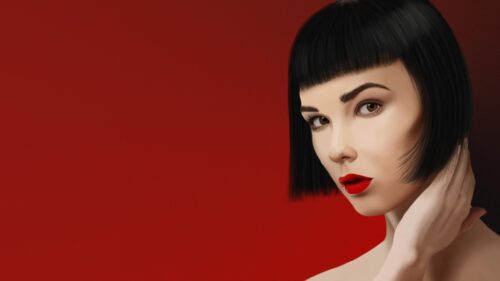 Minimalist Portrait of a Woman with Bob Haircut and Red Lips 4K Desktop Wallpaper