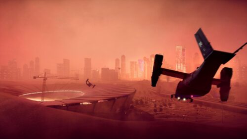 Futuristic V-22 Osprey Helicopter Over Sandy Desert Cityscape PC Wallpaper