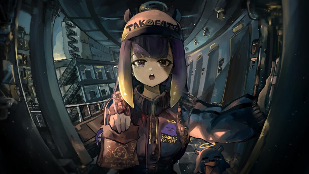 Ina Ninomae Delivering Food Takodachi Anime Art 4K Desktop Wallpaper
