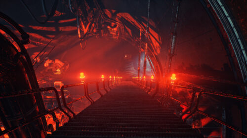 Dystopian Industrial Tunnel Corridor with Red Glowing Lights 4K Desktop Wallpaper