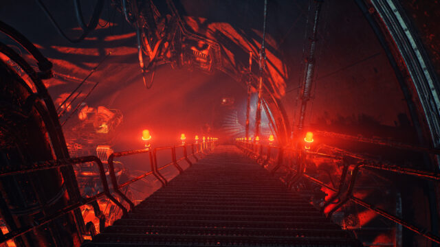 Dystopian Industrial Tunnel Corridor with Red Glowing Lights 4K Desktop Wallpaper