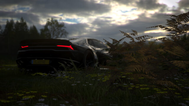 Black Lamborghini Huracan at Sunset in a Wild Meadow 4K Desktop Wallpaper