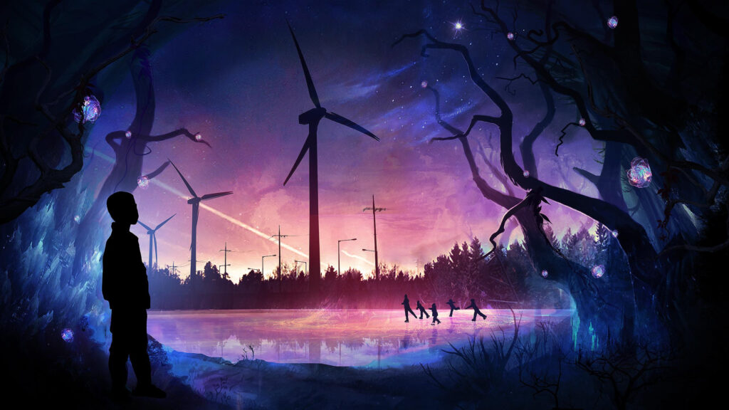 Silhouette Boy Watching Children Skating Under a Dreamy Twilight Sky 4K Wallpaper