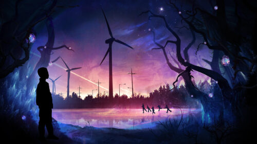 Silhouette Boy Watching Children Skating Under a Dreamy Twilight Sky 4K Wallpaper