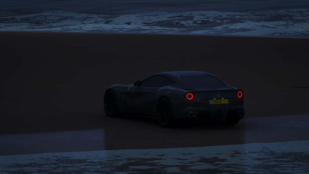 Dark Ferrari F12berlinetta on Beach at Night 4K Desktop Wallpaper