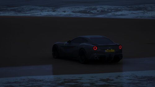 Dark Ferrari F12berlinetta on Beach at Night 4K Desktop Wallpaper