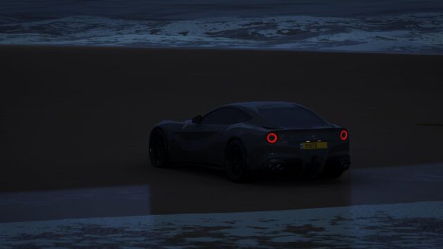 Dark Ferrari F12berlinetta on Beach at Night 4K Desktop Wallpaper