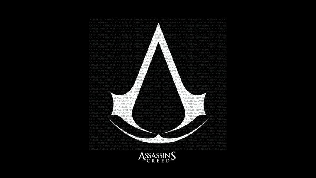 Assassin's Creed Minimalist Logo with Character Names 4K Desktop Wallpaper