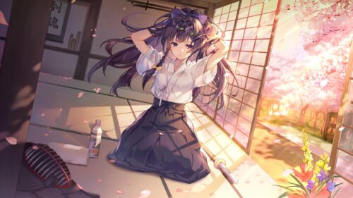Anime Girl in Traditional Japanese Dojo with Cherry Blossoms 4K Wallpaper