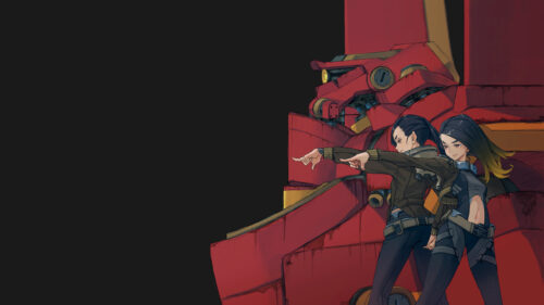 Anime Girls and Red Mecha Robot Futuristic Action Desktop Wallpaper