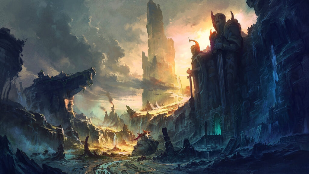 Epic Fantasy Landscape with Ancient Statues and Sunlit Mountains 4K Desktop Wallpaper
