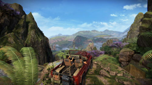 Uncharted Lost Legacy Adventure Red Jeep Scenic Landscape 4K Wallpaper