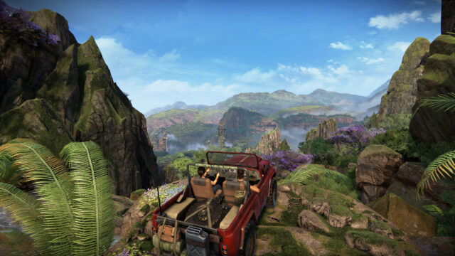 Uncharted Lost Legacy Adventure Red Jeep Scenic Landscape 4K Wallpaper