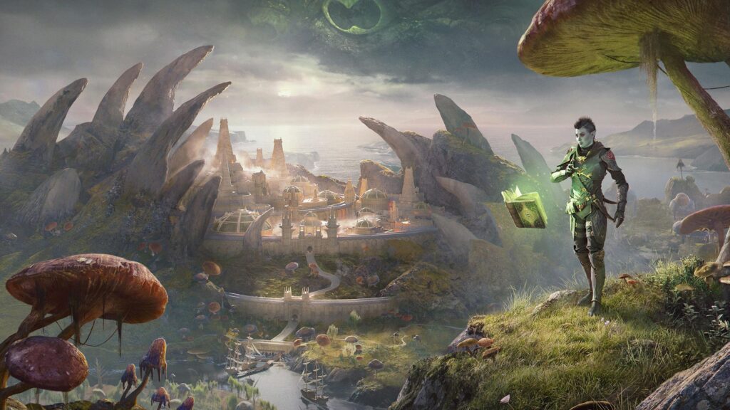 Fantasy City Overlooking Coastal Cliffs with Mage Character 4K Wallpaper