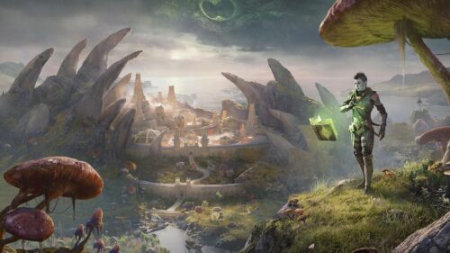 Fantasy City Overlooking Coastal Cliffs with Mage Character 4K Wallpaper