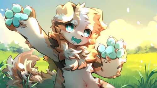Cute Fluffy Anime Creature in Sunny Meadow 4K Wallpaper