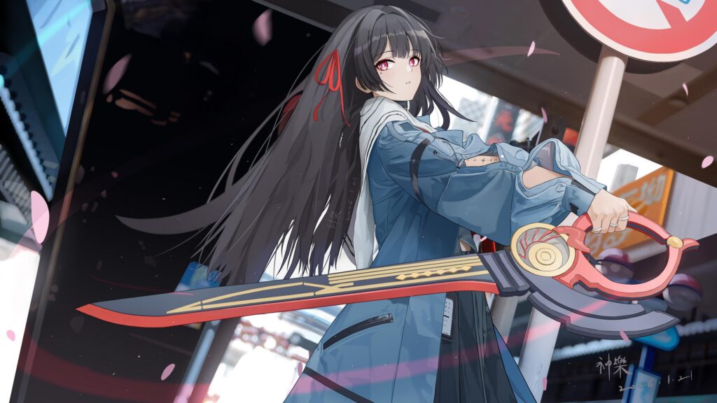 Anime Girl with Futuristic Blade Urban Street 4K Desktop Wallpaper