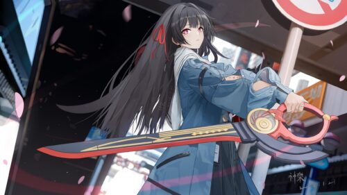 Anime Girl with Futuristic Blade Urban Street 4K Desktop Wallpaper