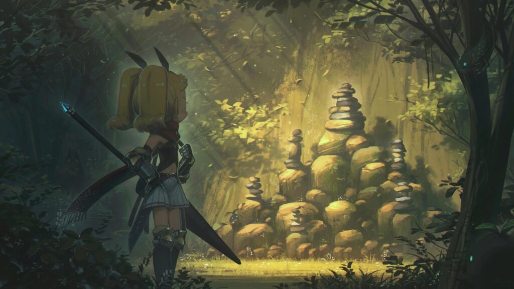 Anime Warrior Girl Discovering Ancient Stone Shrine in Mystical Forest 4K Desktop Wallpaper